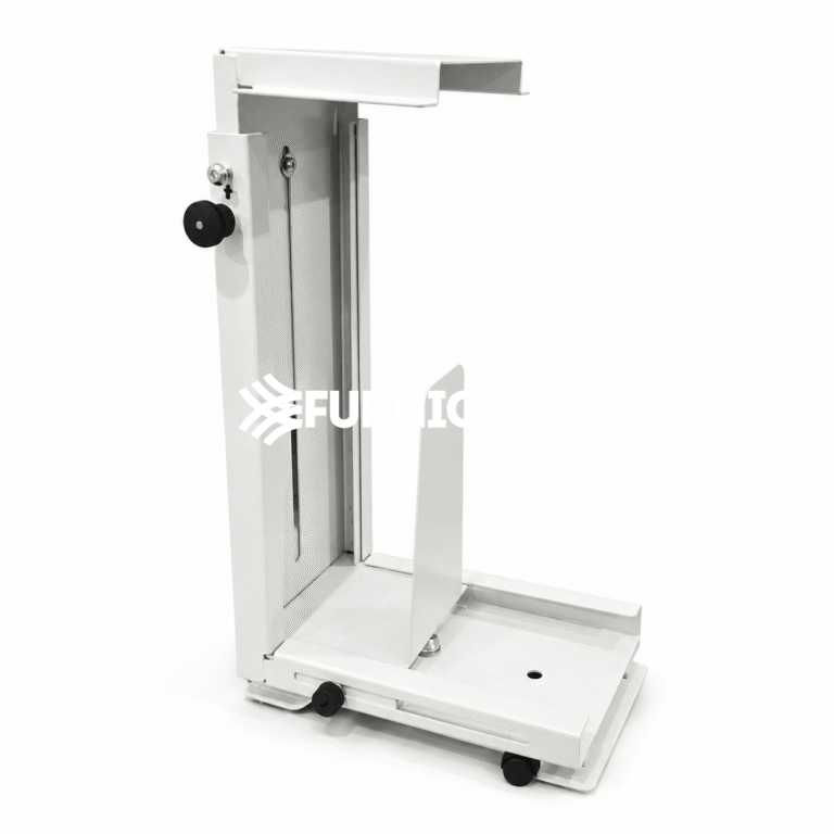 Adjustable mobile CPU holder with wheels and white metal frame in Dubai UAE